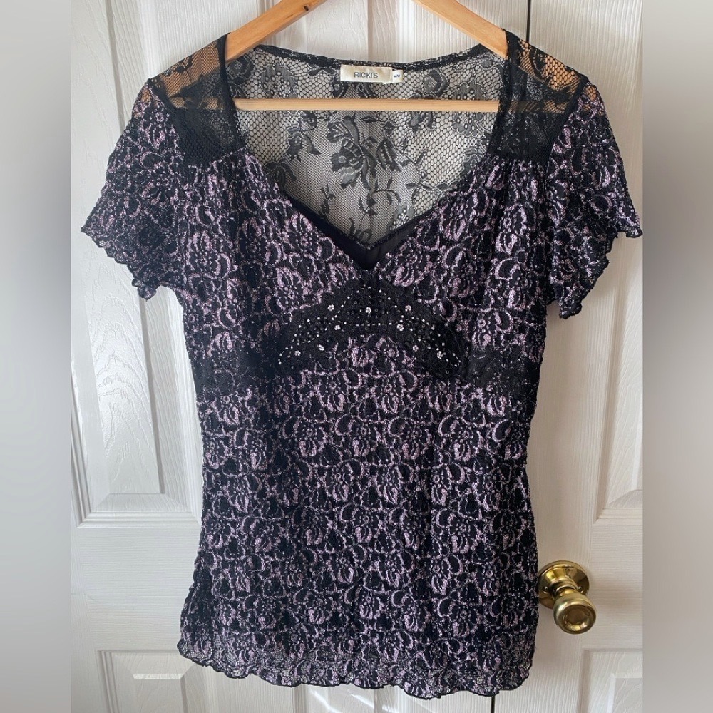 VINTAGE 1990's Y2K RICKI'S Black Pink Stretch Lace Floral Short Sleeve Top M